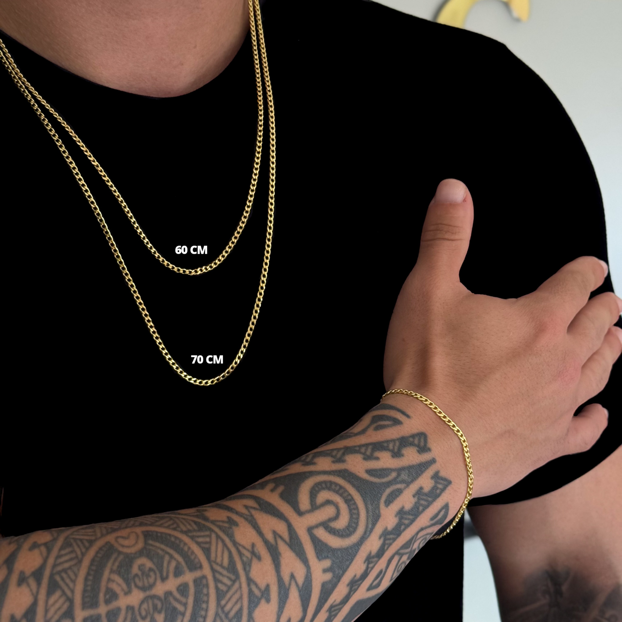 Kit Corrente e Pulseira Grumet 3mm Fecho Lagosta Banhado A Ouro 18k