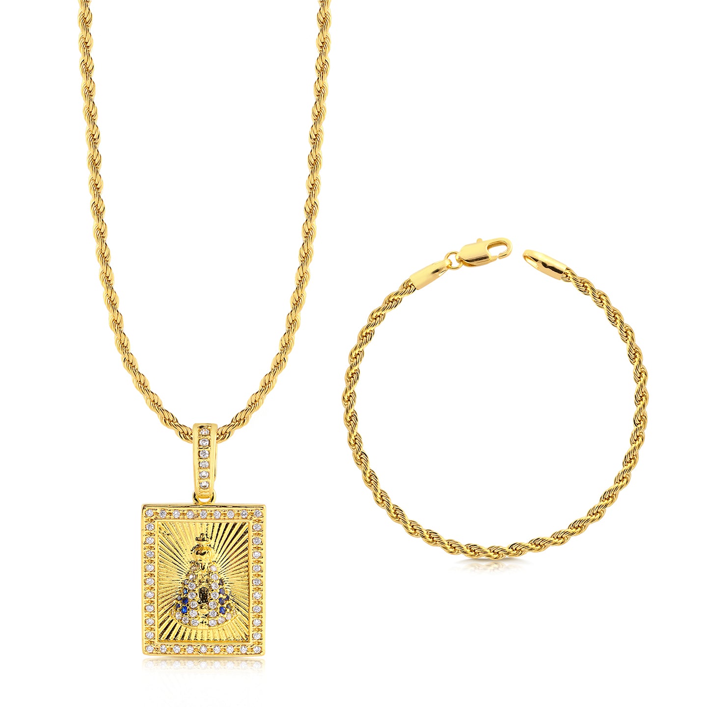 Colar Plaquinha N. Sra. Aparecida Detalhado Cravejado P - Corrente e Pulseira Baiana Banhado A Ouro 18k