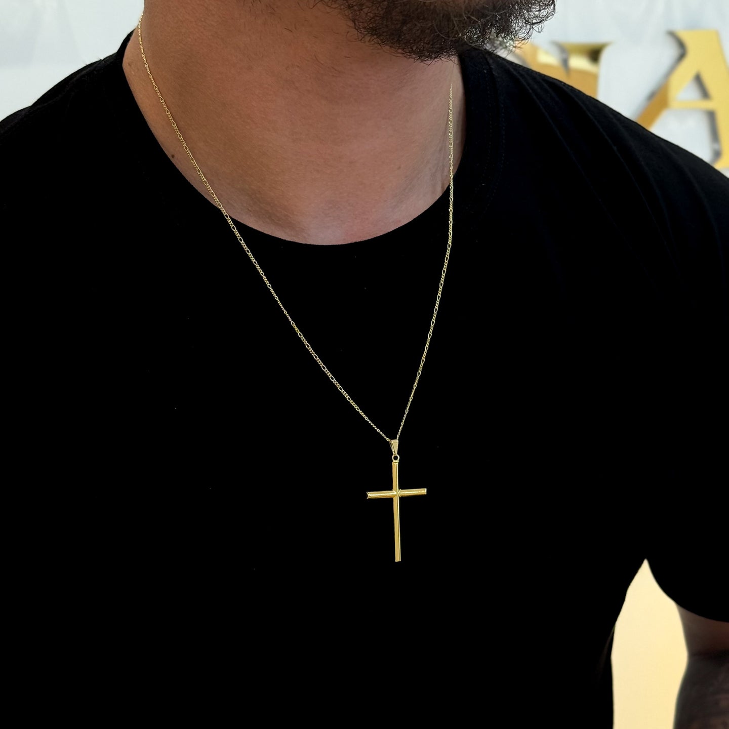 Colar Crucifixo Liso - Corrente 3 Por 1 Fígaro Banhado A Ouro 18k