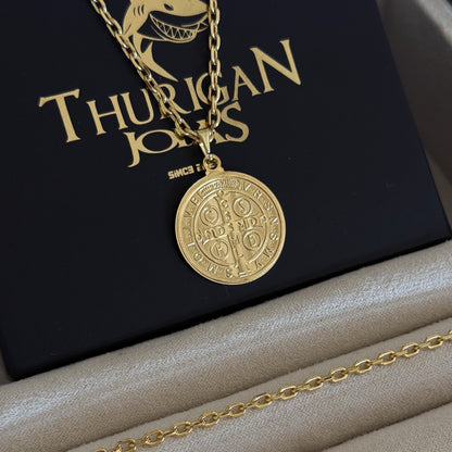 Colar Medalha De São Bento - Corrente e Pulseira Cadeado 2mm Banhado A Ouro 18k