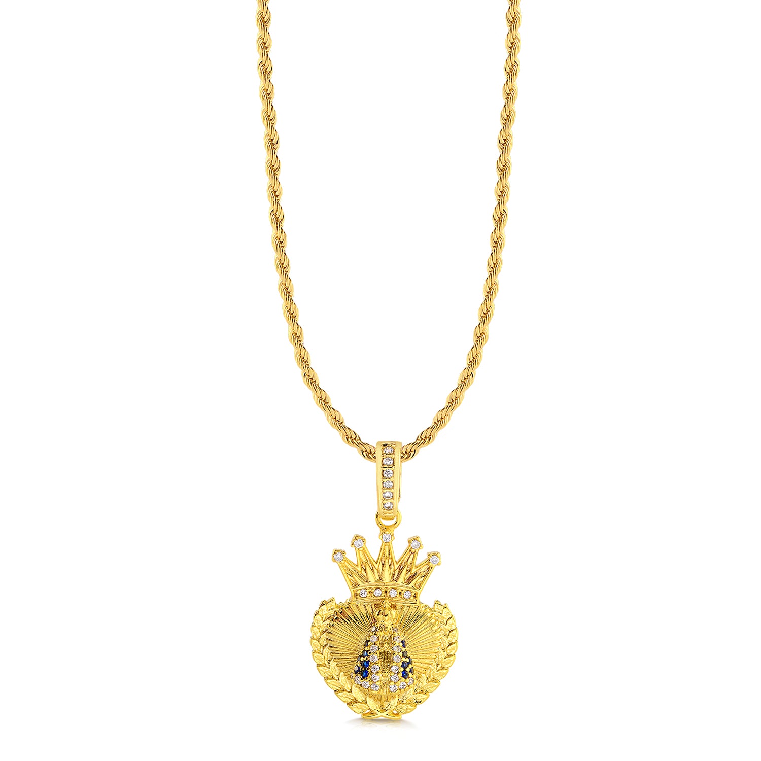 Colar Coração N. Sra. Aparecida Cravejado P - Corrente Baiana Banhado A Ouro 18k