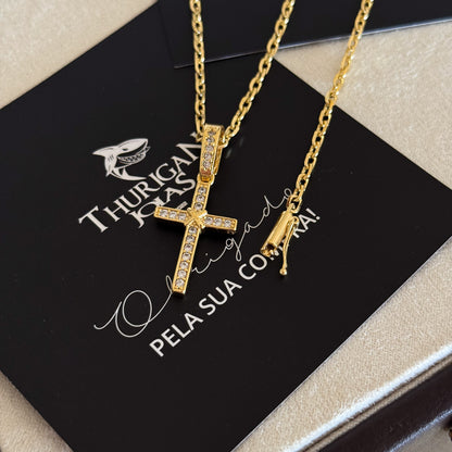 Colar Crucifixo Amarrado Cravejado - Corrente e Pulseira Cadeado 2mm Banhado A Ouro 18k