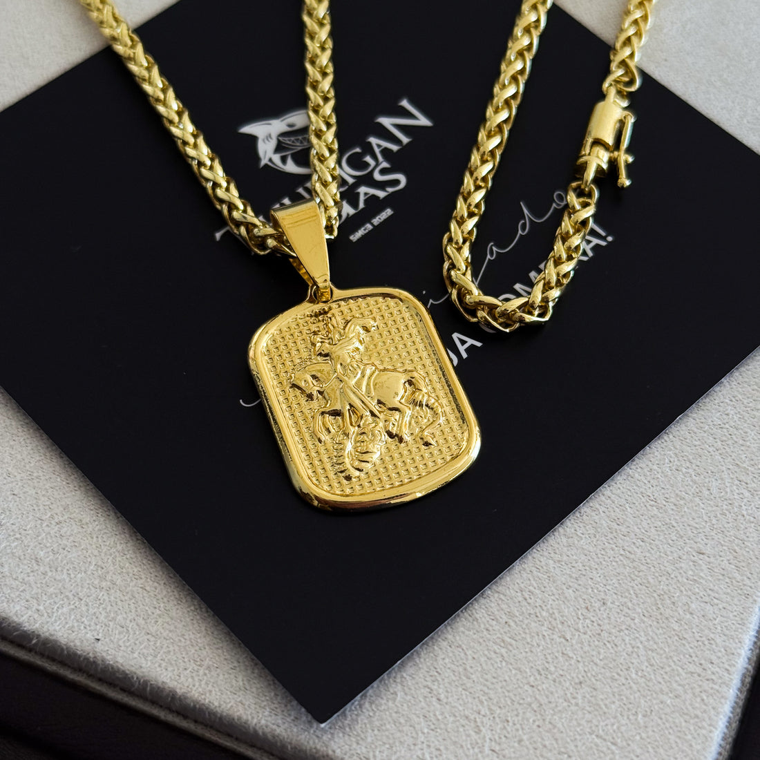 Colar Plaquinha São Jorge - Corrente e Pulseira Palmeira Banhado A Ouro 18k