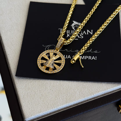 Colar Medalha N. Sra. Aparecida Vazado Cravejado P - Corrente e Pulseira Palmeira Banhado A Ouro 18k