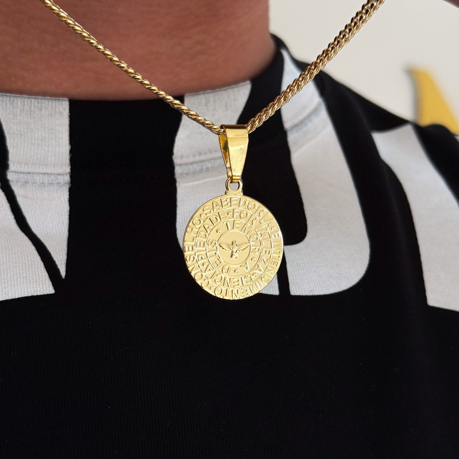 Colar Medalha Espírito Santo Características - Corrente Lacraia Banhado A Ouro 18k