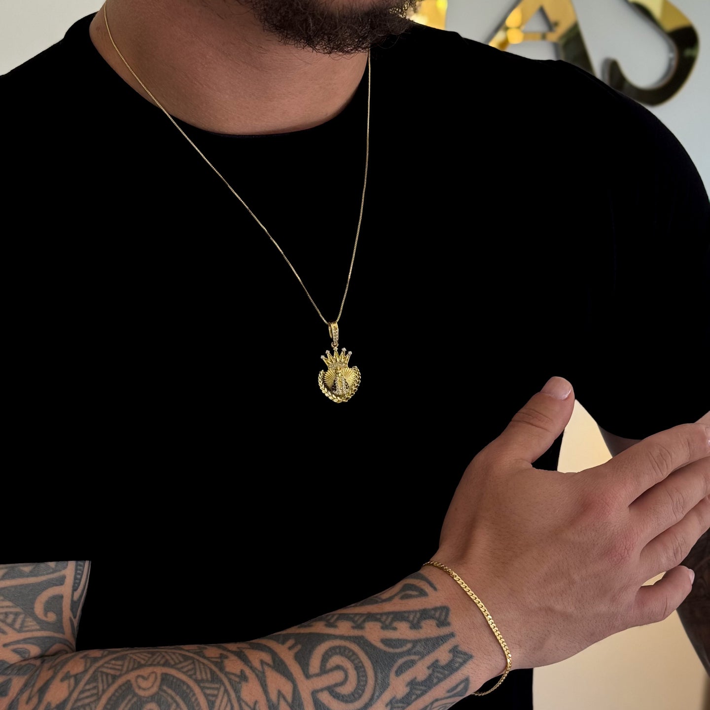 Colar Coração N. Sra. Aparecida Cravejado P - Corrente Veneziana e Pulseira Grumet Flat Banhado A Ouro 18k