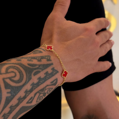 Pulseira Elo Português 2mm Trevo Rubi  Banhado A Ouro 18k