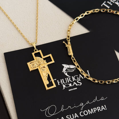 Colar Crucifixo Com Jesus Vazado - Corrente Cadeado e Pulseira Veneziana Banhado A Ouro 18k