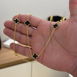 Kit Corrente e Pulseira Elo Português 2mm Trevo Ônix Banhado A Ouro 18k