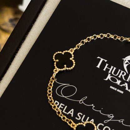 Pulseira Elo Português 2mm Trevo Ônix Banhado A Ouro 18k
