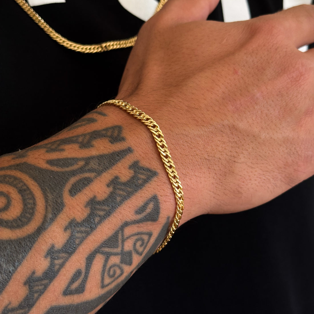 Kit Corrente e Pulseira Lacraia 4mm Fecho Duplo Banhado A Ouro 18k