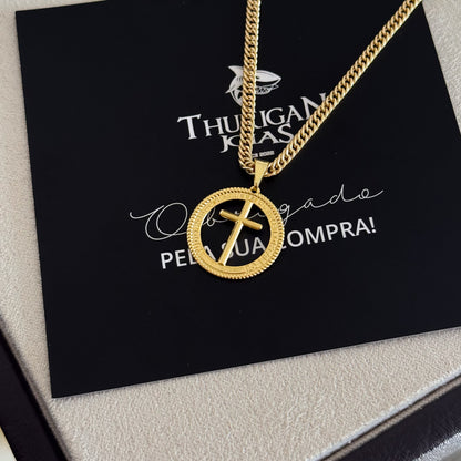 Colar Medalha Com Crucifixo - Corrente Lacraia Banhado A Ouro 18k
