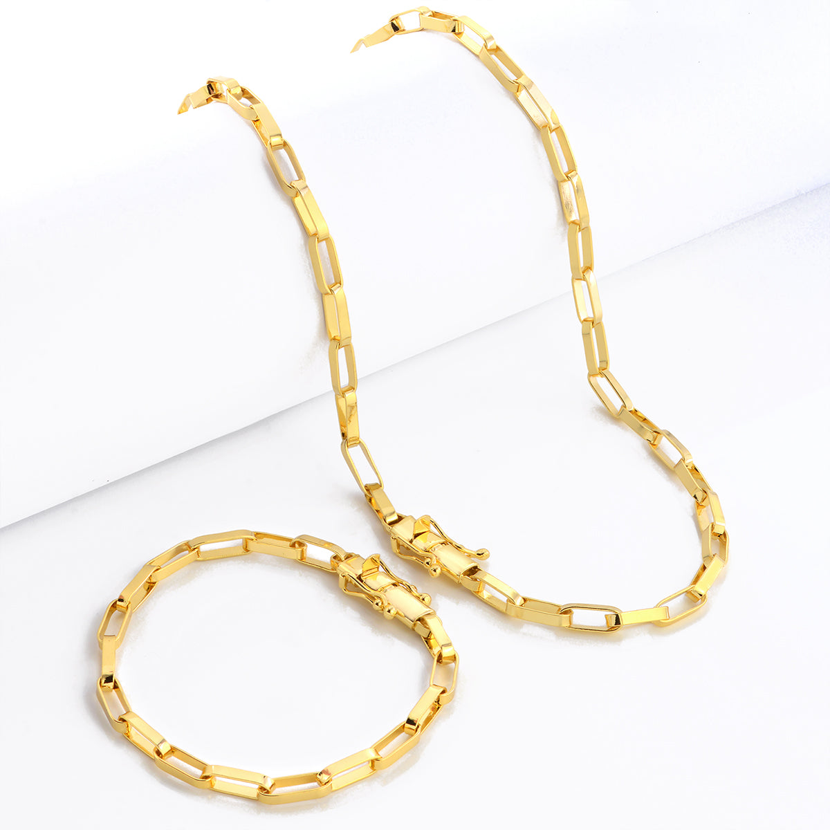 Kit Corrente e Pulseira Elo Alongado 5mm Fecho Duplo Banhado A Ouro 18k