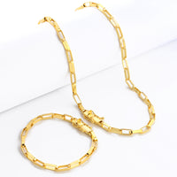 Kit Corrente e Pulseira Elo Alongado 5mm Fecho Duplo Banhado A Ouro 18k
