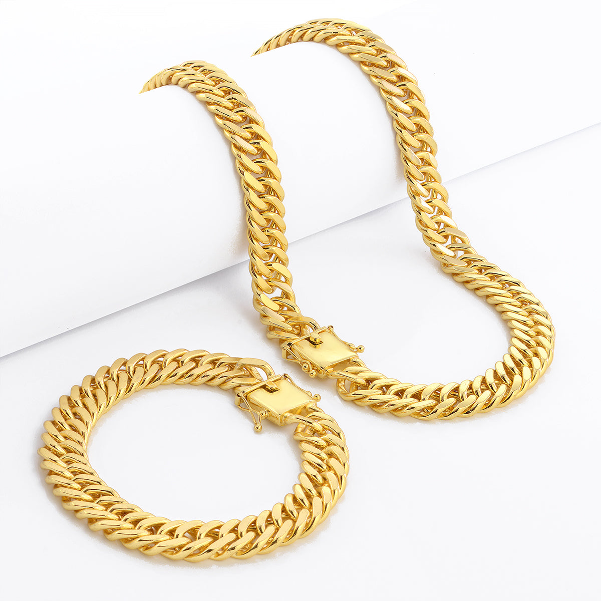 Kit Corrente e Pulseira Lacraia 13mm Fecho Duplo Banhado A Ouro 18k