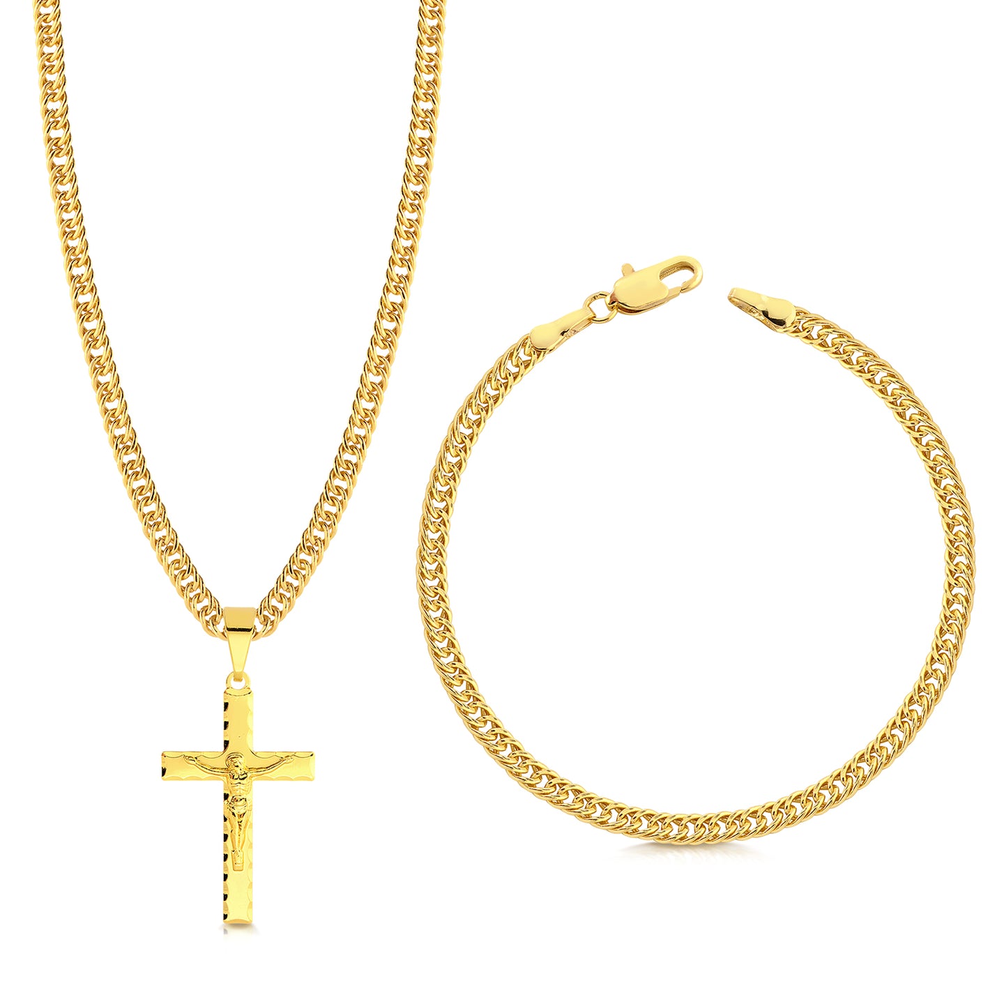 Colar Crucifixo Jesus Na Cruz 3D - Corrente e Pulseira Lacraia Banhado A Ouro 18k