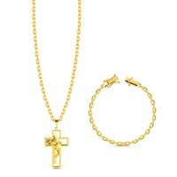 Colar Crucifixo Com Jesus Vazado - Corrente e Pulseira Cadeado Banhado A Ouro 18k