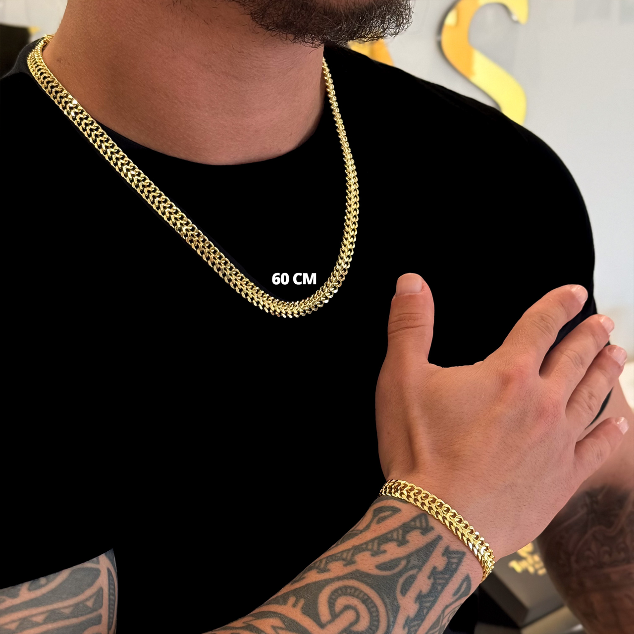 Kit Corrente e Pulseira Grumet Dupla 9mm Fecho Duplo Banhado A Ouro 18k