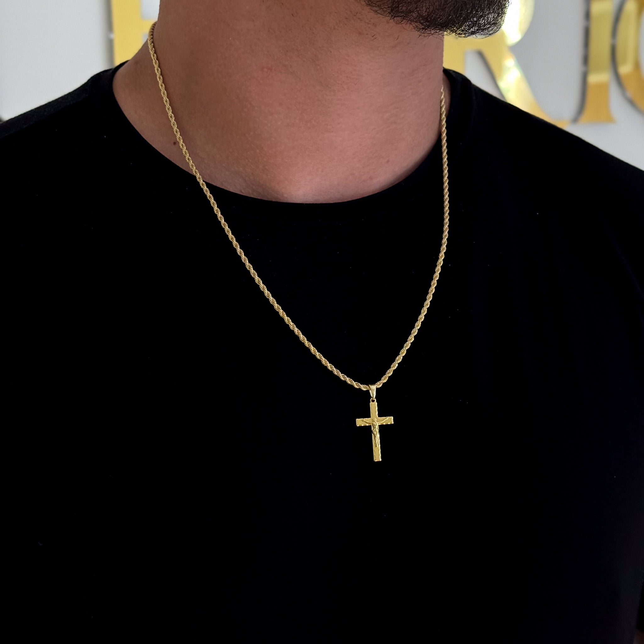 Colar Crucifixo Jesus Na Cruz 3D - Corrente Baiana Banhado A Ouro 18k