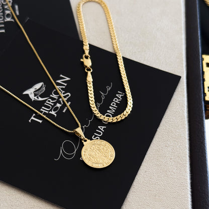 Colar Medalha De São Bento - Corrente Veneziana e Pulseira Grumet Flat Banhado A Ouro 18k
