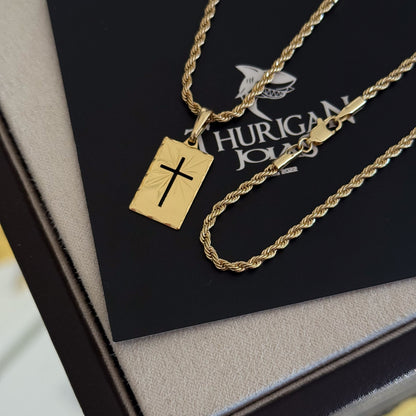 Colar Plaquinha Crucifixo Vazado - Corrente e Pulseira Baiana Banhado A Ouro 18k