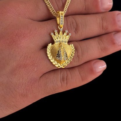 Colar Coração N. Sra. Aparecida Cravejado P - Corrente Lacraia Banhado A Ouro 18k