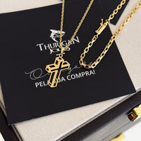 Colar Crucifixo 3D - Corrente Cadeado e Pulseira Veneziana Banhado A Ouro 18k