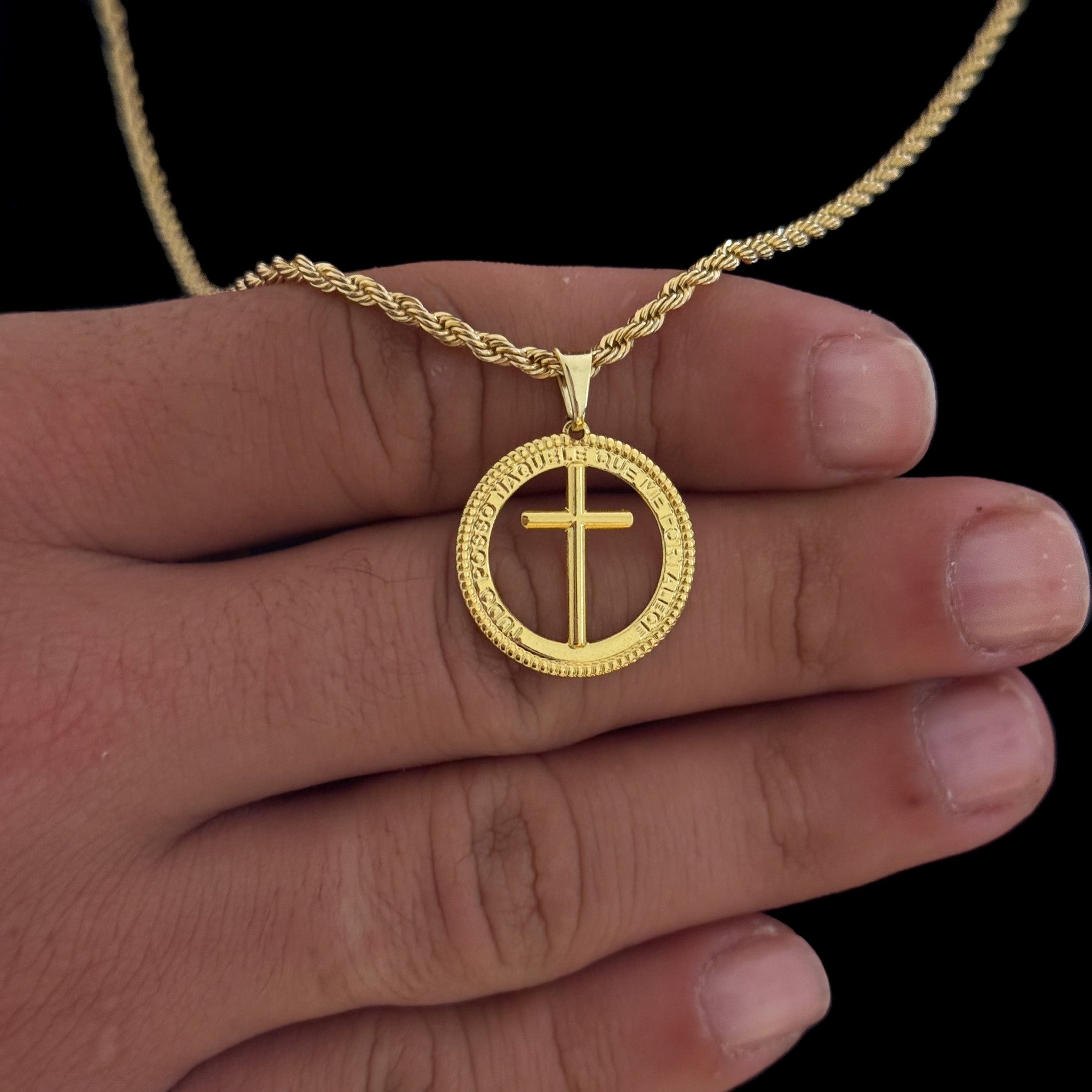 Colar Medalha Com Crucifixo - Corrente Baiana Banhado A Ouro 18k