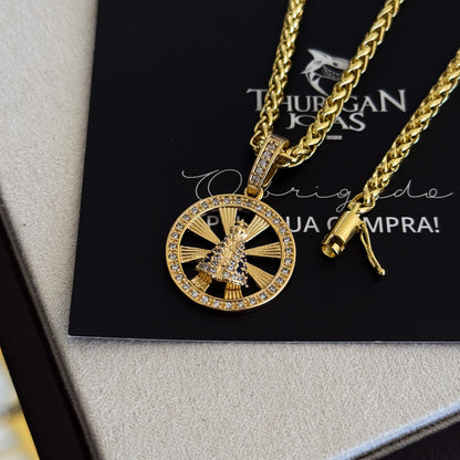 Colar Medalha N. Sra. Aparecida Vazado Cravejado P - Corrente e Pulseira Palmeira Banhado A Ouro 18k