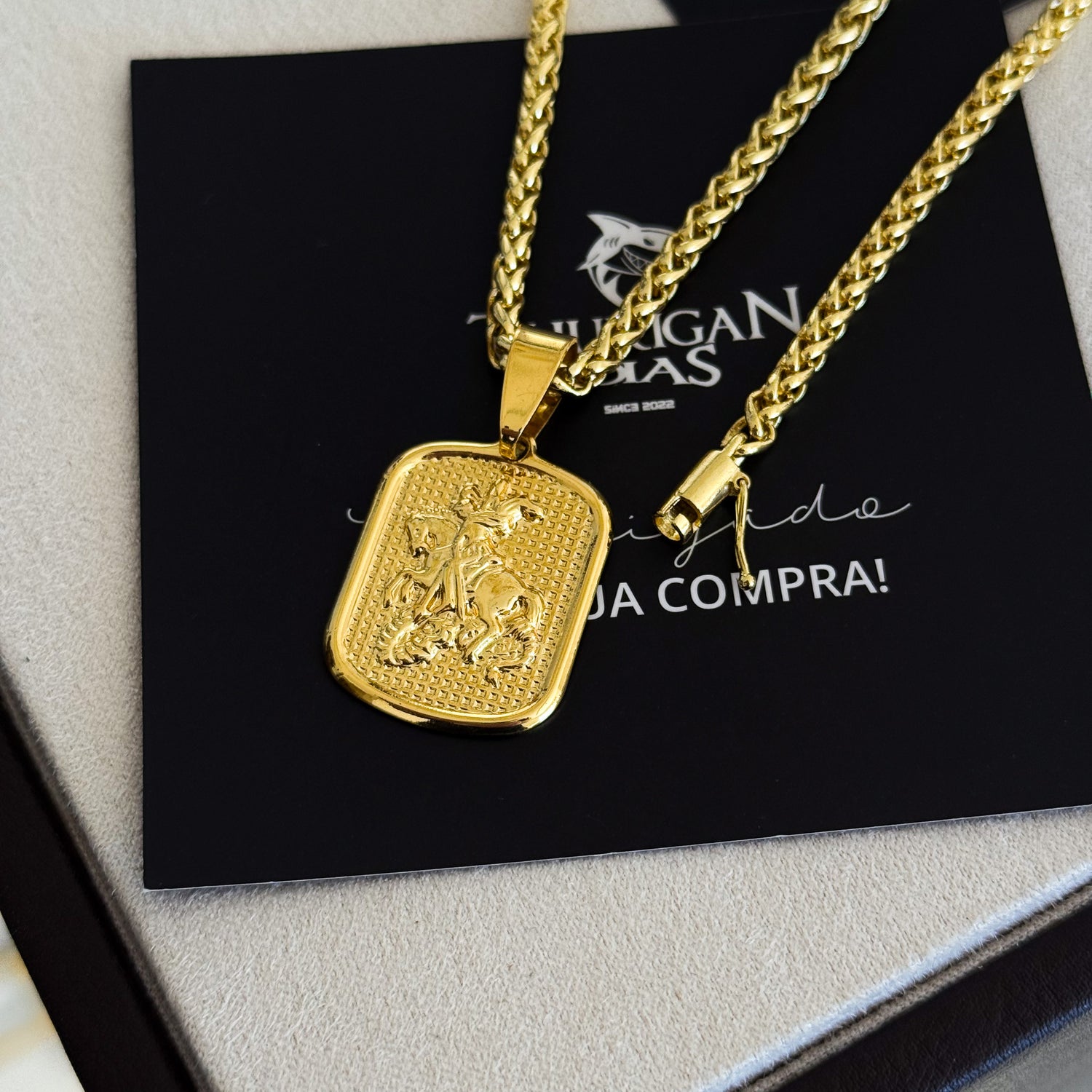 Colar Plaquinha São Jorge - Corrente e Pulseira Palmeira Banhado A Ouro 18k