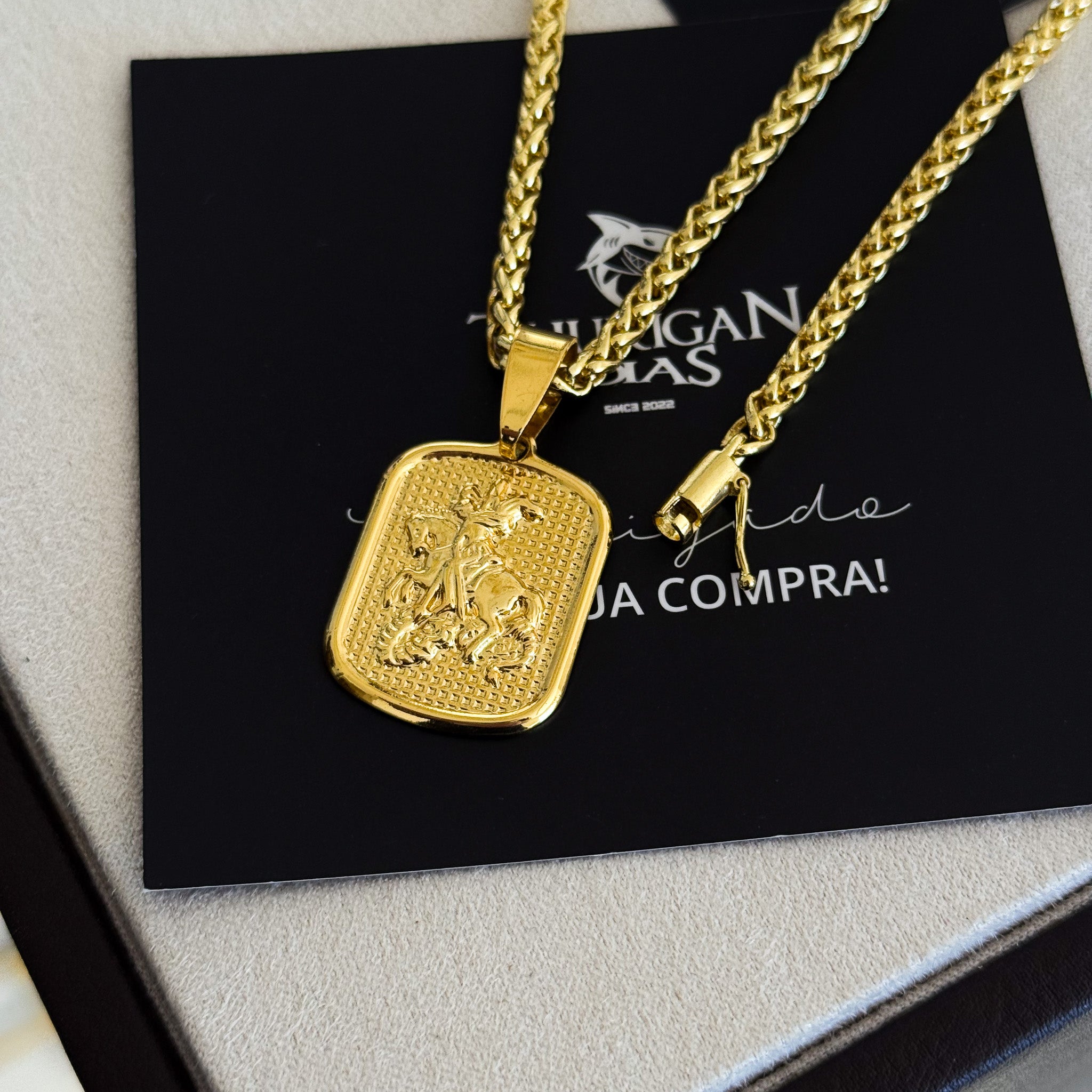 Colar Plaquinha São Jorge - Corrente e Pulseira Palmeira Banhado A Ouro 18k