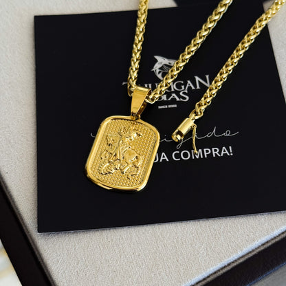 Colar Plaquinha São Jorge - Corrente e Pulseira Palmeira Banhado A Ouro 18k