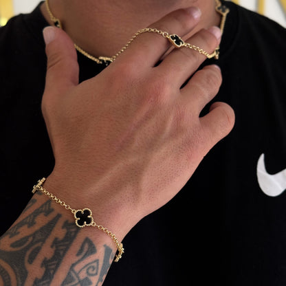 Kit Corrente e Pulseira Elo Português 2mm Trevo Ônix Banhado A Ouro 18k