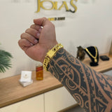 Kit Corrente e Pulseira Lacraia 13mm Fecho Duplo Banhado A Ouro 18k