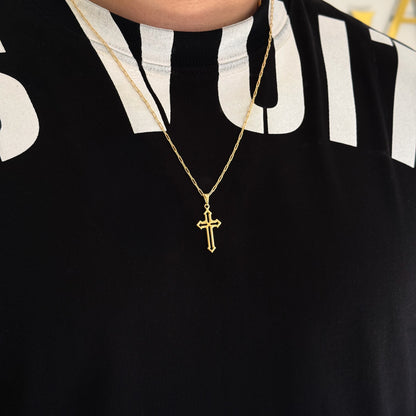 Colar Crucifixo Detalhado Vazado - Corrente Cadeado Alongado e Pulseira Piastrine Banhado A Ouro 18k
