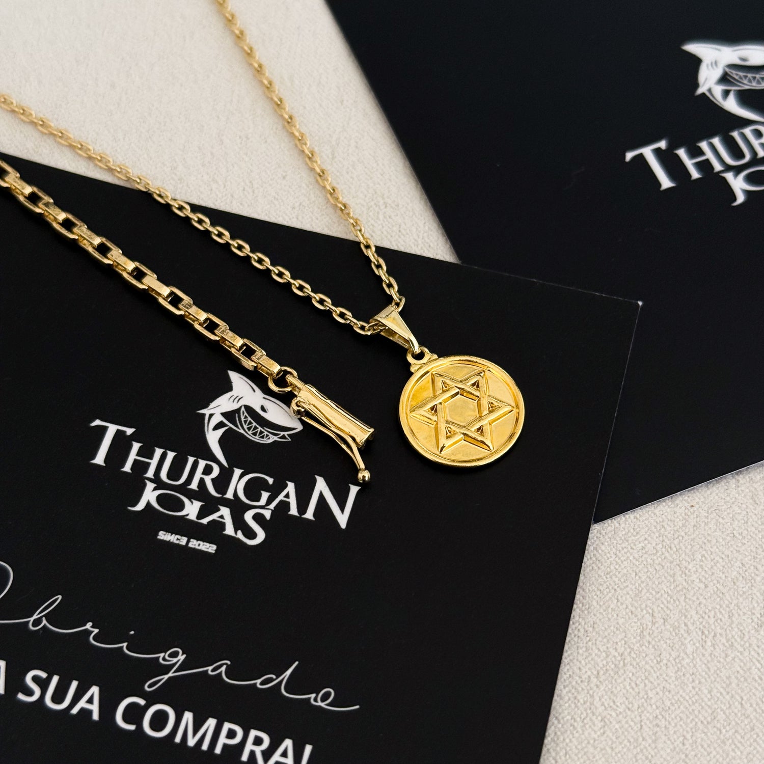 Colar Medalha Estrela De Davi - Corrente Cadeado e Pulseira Veneziana Banhado A Ouro 18k