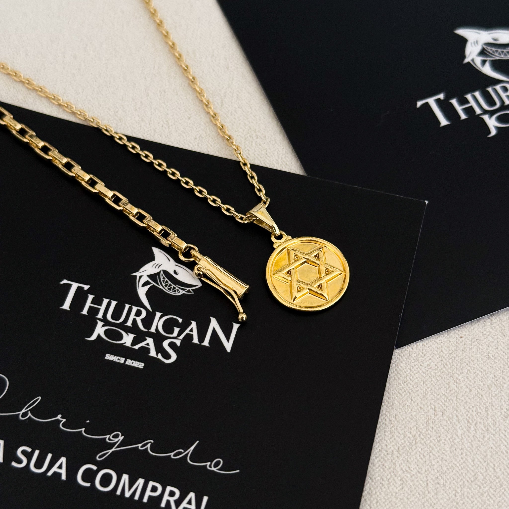 Colar Medalha Estrela De Davi - Corrente Cadeado e Pulseira Veneziana Banhado A Ouro 18k