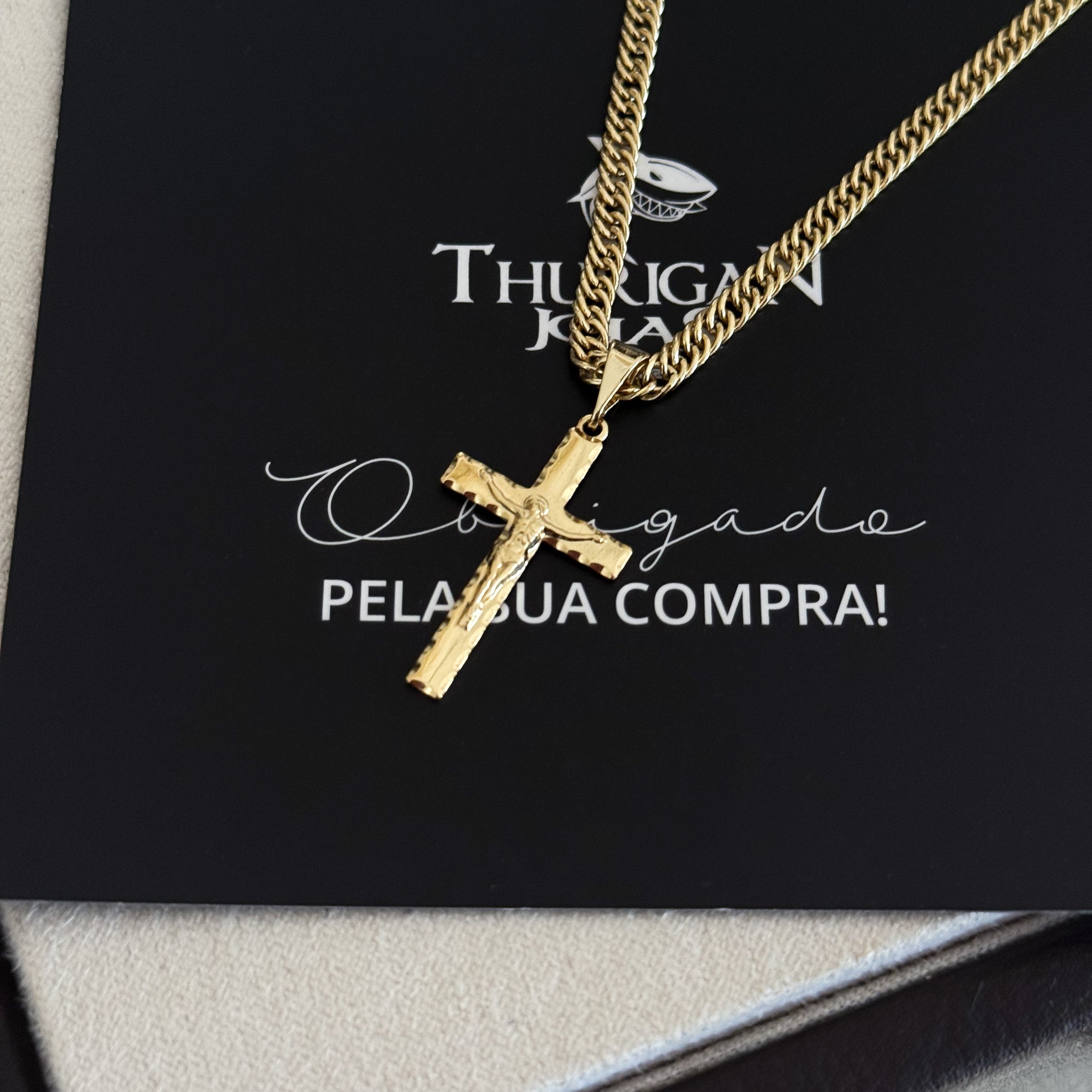 Colar Crucifixo Jesus Na Cruz 3D - Corrente Lacraia Banhado A Ouro 18k