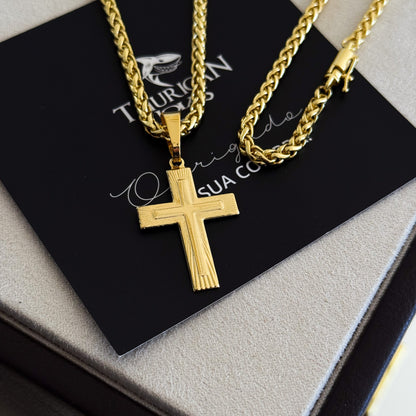 Colar Crucifixo Em Alto Relevo - Corrente e Pulseira Palmeira Banhado A Ouro 18k