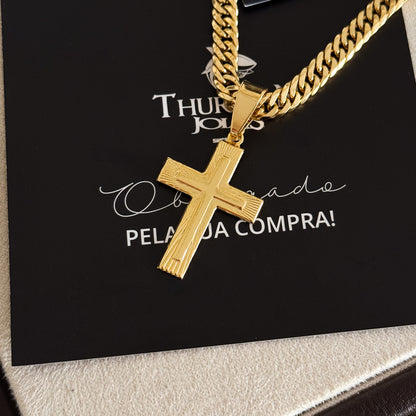 Colar Crucifixo Em Alto Relevo - Corrente Lacraia Banhado A Ouro 18k