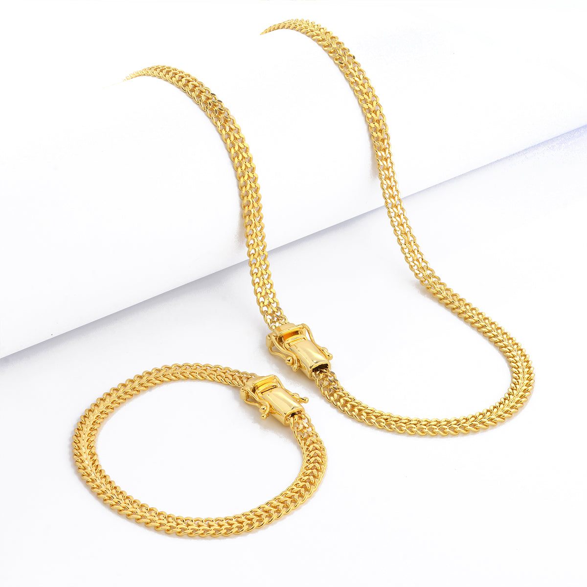 Kit Corrente e Pulseira Grumet Dupla 7mm Fecho Duplo Banhado A Ouro 18k