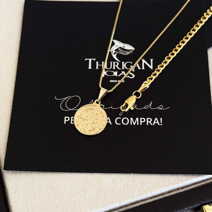 Colar Medalha De São Bento - Corrente Veneziana e Pulseira Grumet Banhado A Ouro 18k