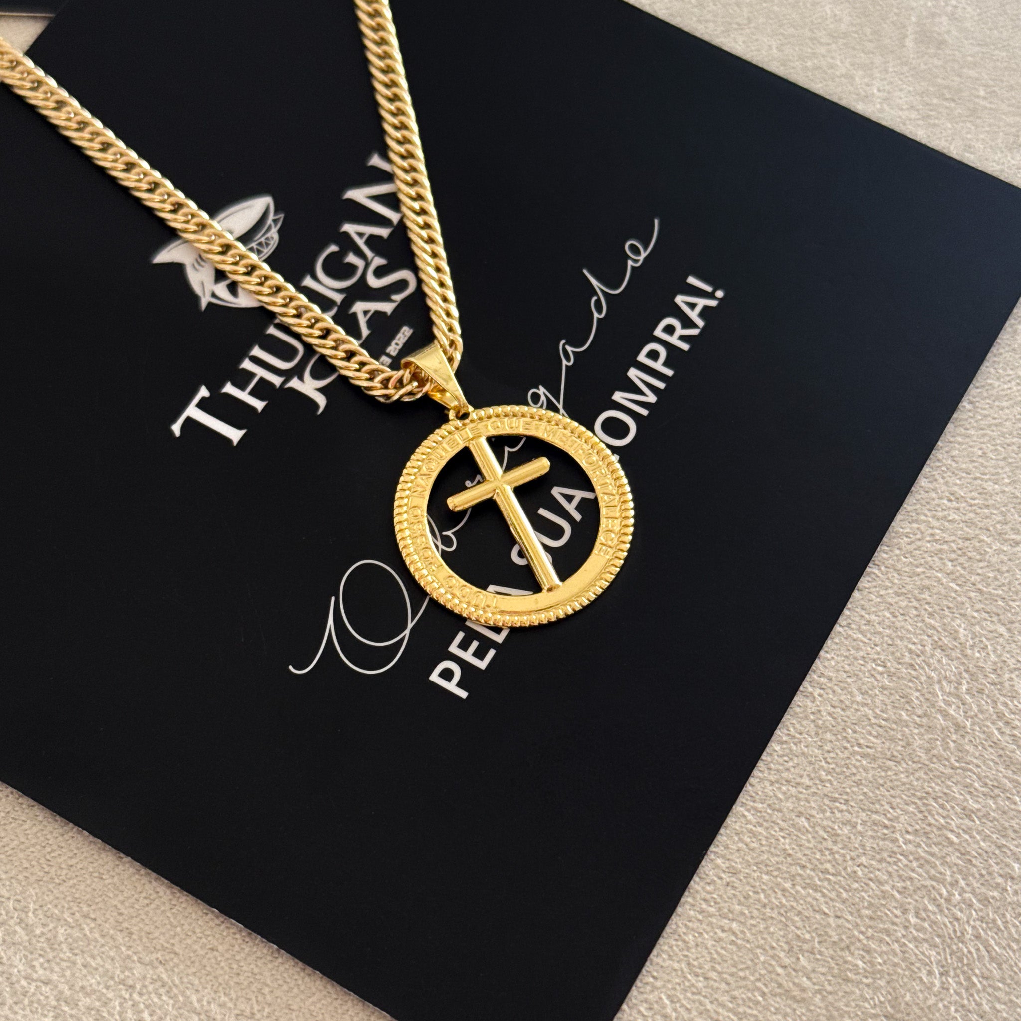 Colar Medalha Com Crucifixo - Corrente Lacraia Banhado A Ouro 18k