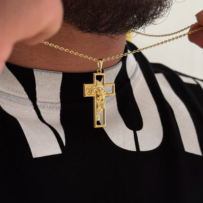 Colar Crucifixo Com Jesus Vazado - Corrente Cadeado e Pulseira Veneziana Banhado A Ouro 18k