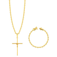 Colar Crucifixo Palito G - Corrente e Pulseira Cadeado Banhado A Ouro 18k