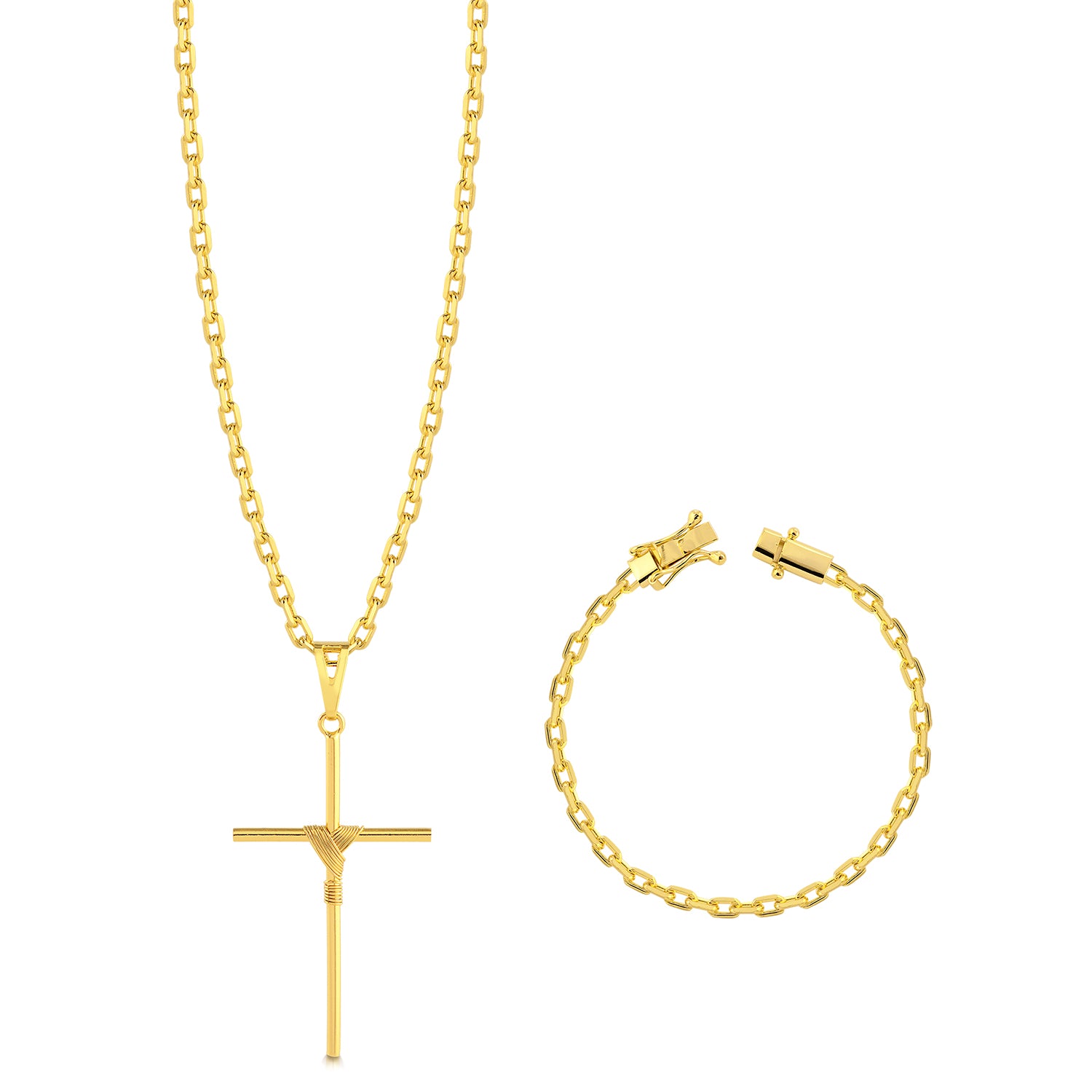 Colar Crucifixo Palito G - Corrente e Pulseira Cadeado Banhado A Ouro 18k