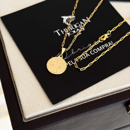 Colar Medalha De São Bento - Corrente e Pulseira Cadeado Alongado Banhado A Ouro 18k