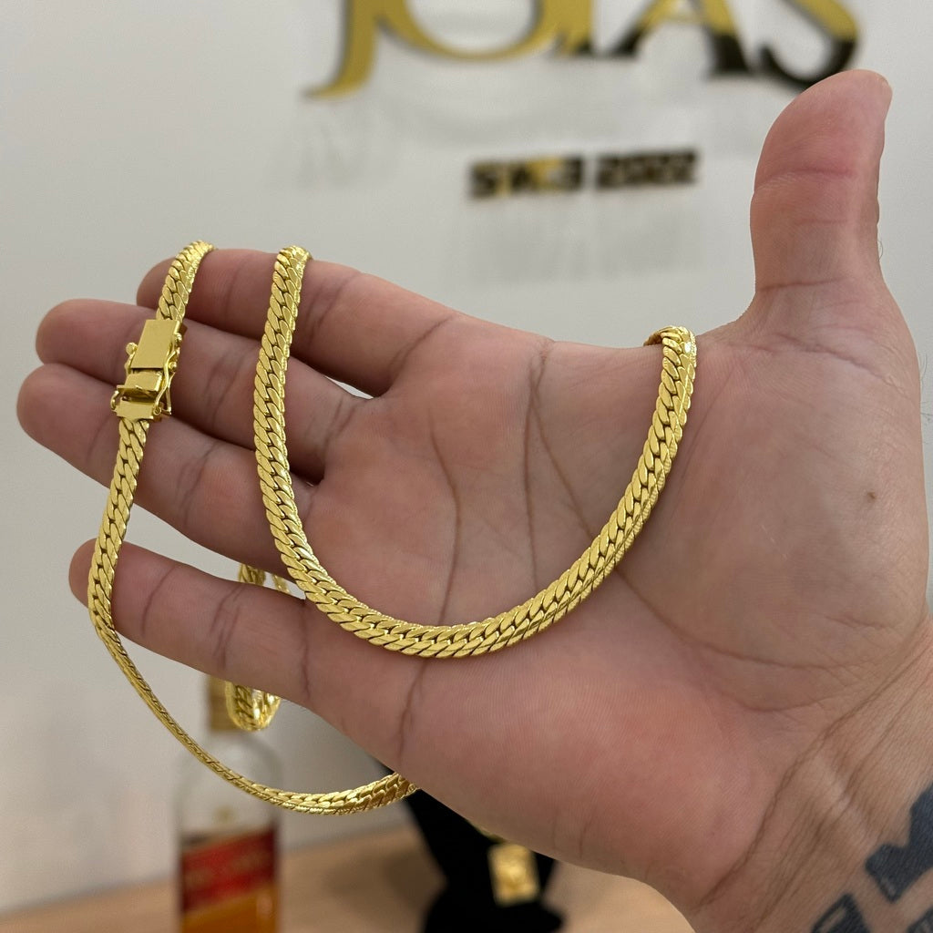Kit Corrente e Pulseira Grumet Flat Detalhada 6mm Fecho Duplo Banhado A Ouro 18k