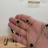 Corrente Elo Português 2mm Trevo Ônix Banhado A Ouro 18k