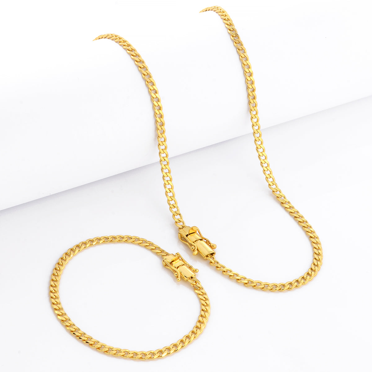 Kit Corrente e Pulseira Grumet 4mm Fecho Duplo Banhado A Ouro 18k